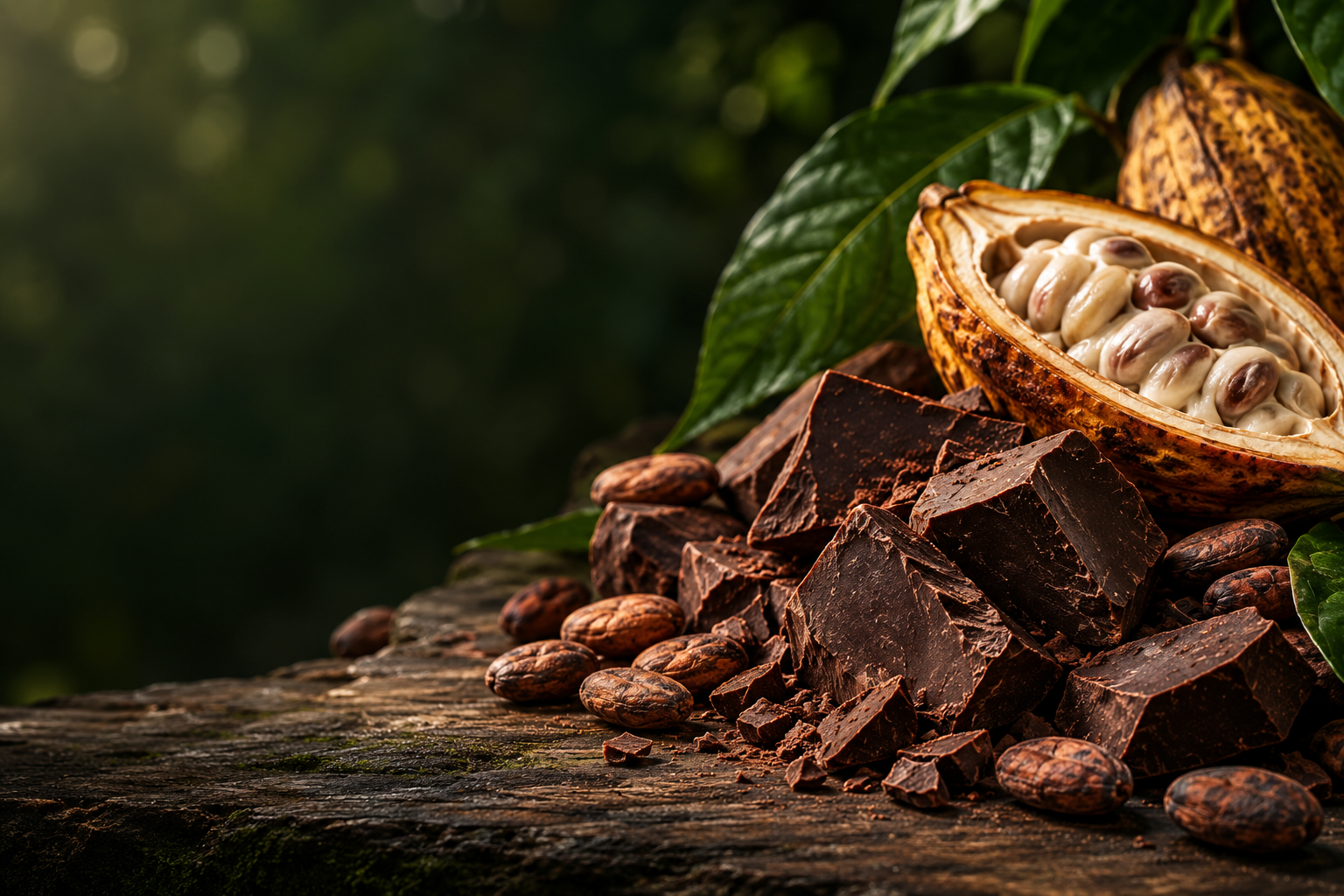 Escena ilustrativa de cacao y chocolate sin marca